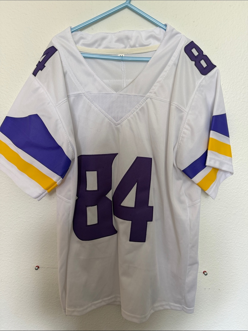 Randy Moss White Football Jersey with Purple 84 and Yellow Stripes
